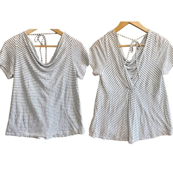 Anthropologie Maeve Horizon T-shirt 100% linen blue white striped S - Picture 2 of 8